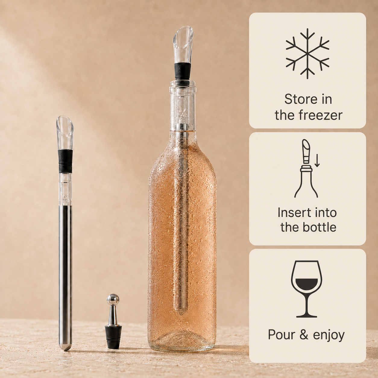 How the Chill Wand works in three steps: store in the freezer, insert into the bottle, pour and enjoy — shown beside a frosted rosé bottle with the steel rod visible inside