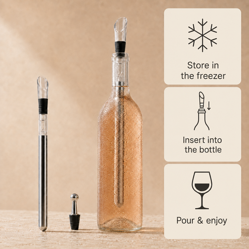 How the Chill Wand works in three steps: store in the freezer, insert into the bottle, pour and enjoy — shown beside a frosted rosé bottle with the steel rod visible inside