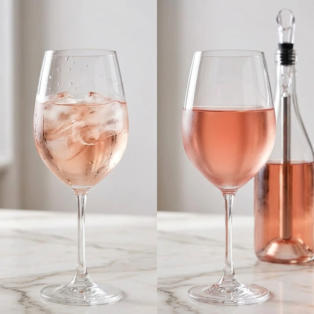 Side by side: rosé diluted by melting ice versus a clear chilled glass with the Chill Wand behind